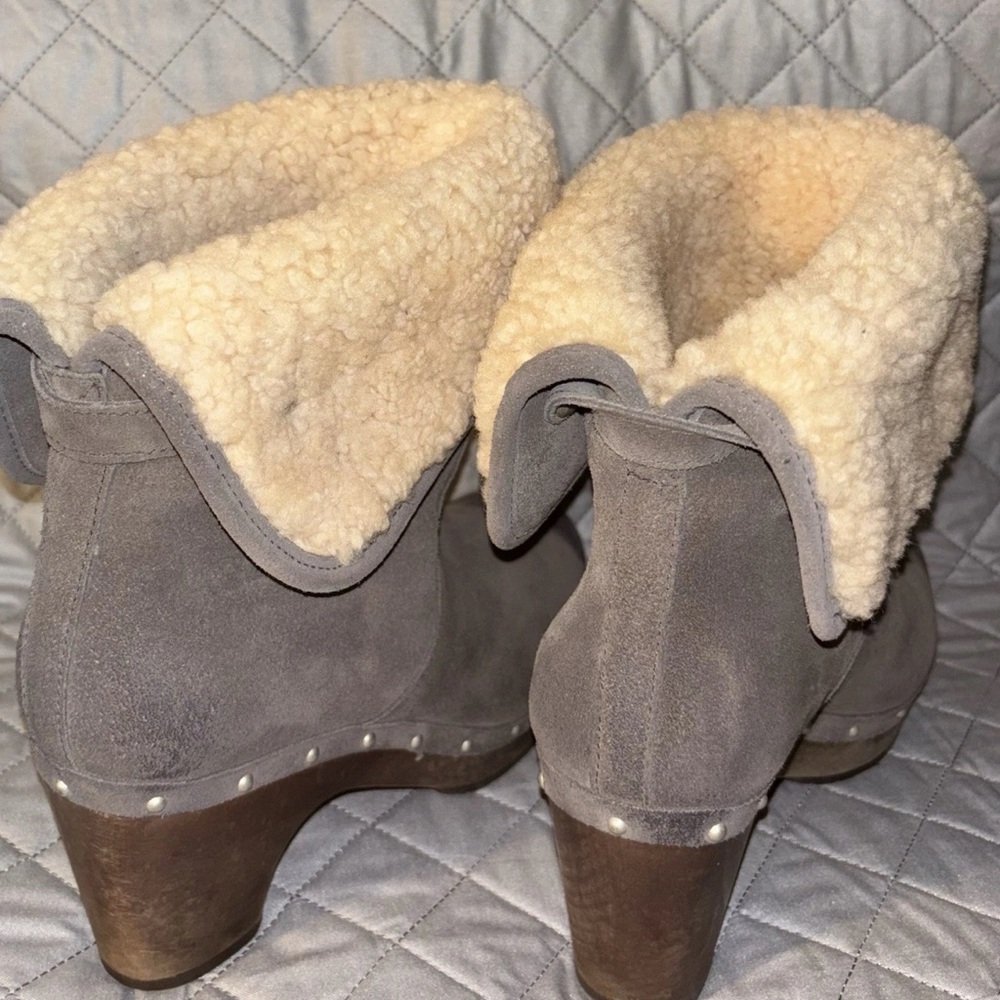 UGG Lynnea Wm 8US/39EU Gray Suede Shearling Ankle Boots Wooden Clog Soles - Picture 8 of 11